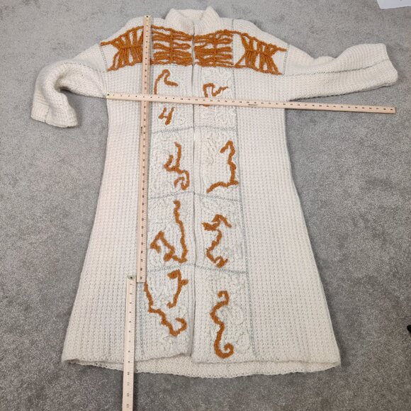 Women's Long Cardigan Size L/XL Beige Orange Fabric Embroidery Vintage Knitwear - Picture 9 of 12